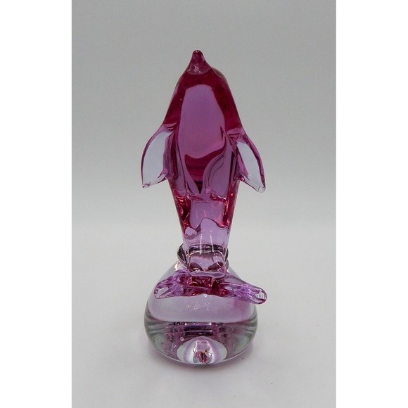 Art Glass Pink Dolphin on Ball Paperweight Desk Figurine 7 Inch - Picture 2 of 14
